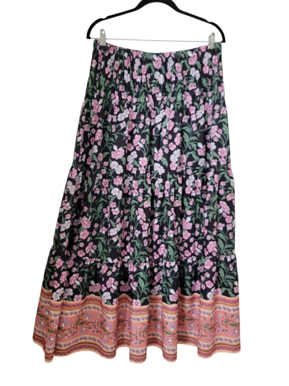 Boho Floral Print A-Line Tiered Maxi Skirt, Smocked Waist, Size XXL, NEW